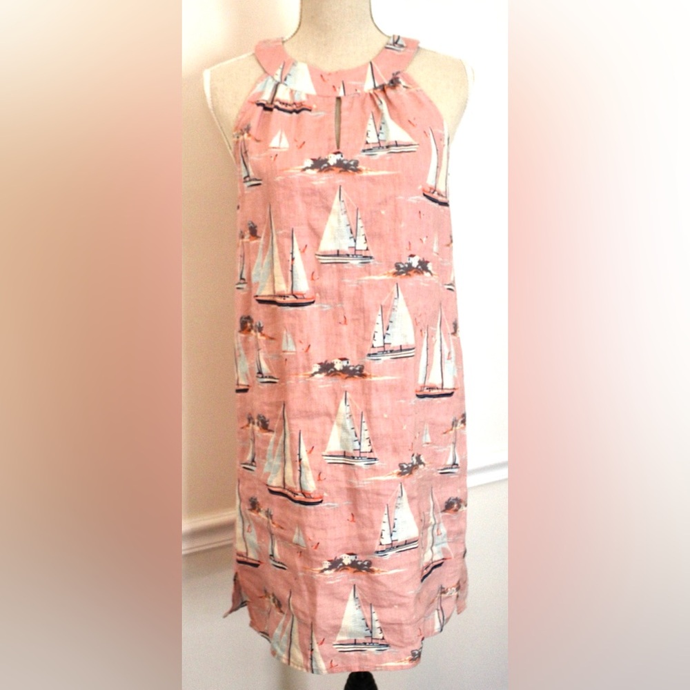 St. Tropez 100% Linen Pink White Sailboat Print Sleeveless Dress XS